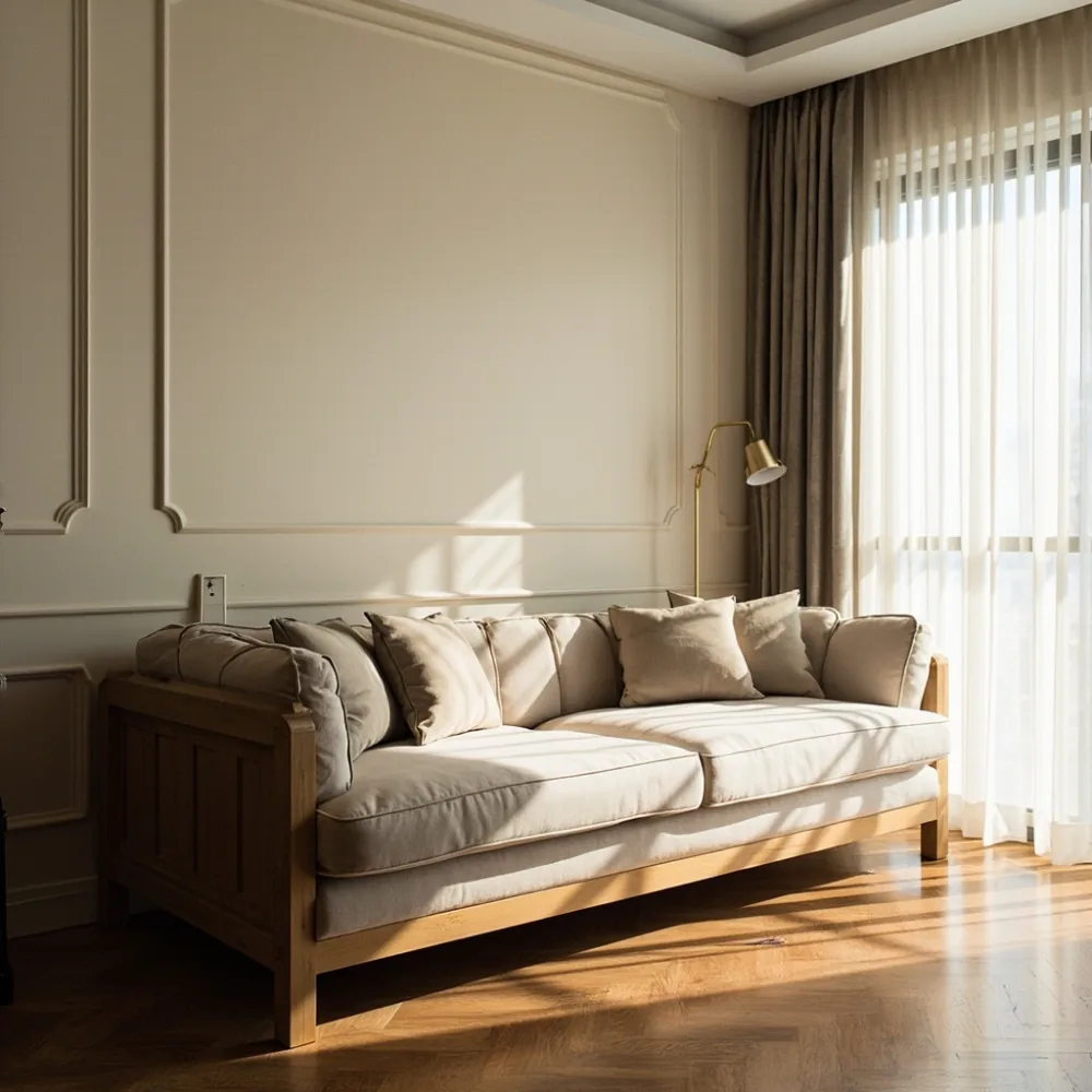 서울 40㎡ 거실에 배치된 오크 솔리드 프렌치 럭셔리 원목 소파 220cm 전경, ivory 커튼과 월넛 바닥 조화