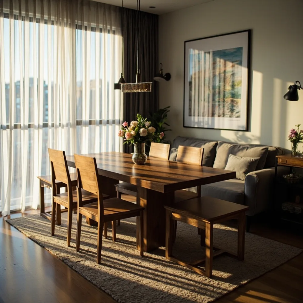 분당 아파트에서 원목 월넛 식탁·협탁 세트와 매칭된 럭셔리 소파