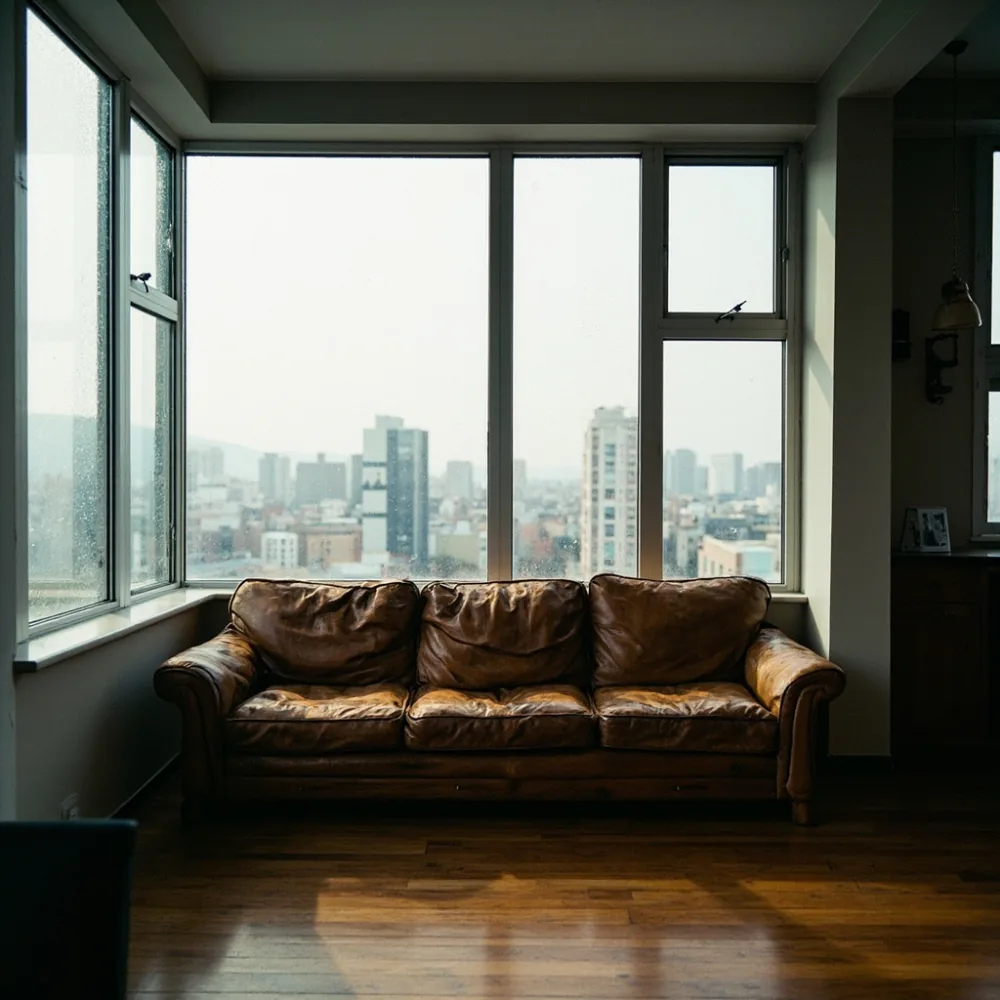 서울 30평 아파트 거실의 월넋 원목 소파와 겨울 결로가 보이는 창틀 전경