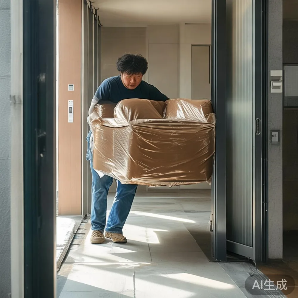 분당 오피스텔 현관에서 문틀 보호재를 사용한 원목 소파 반입