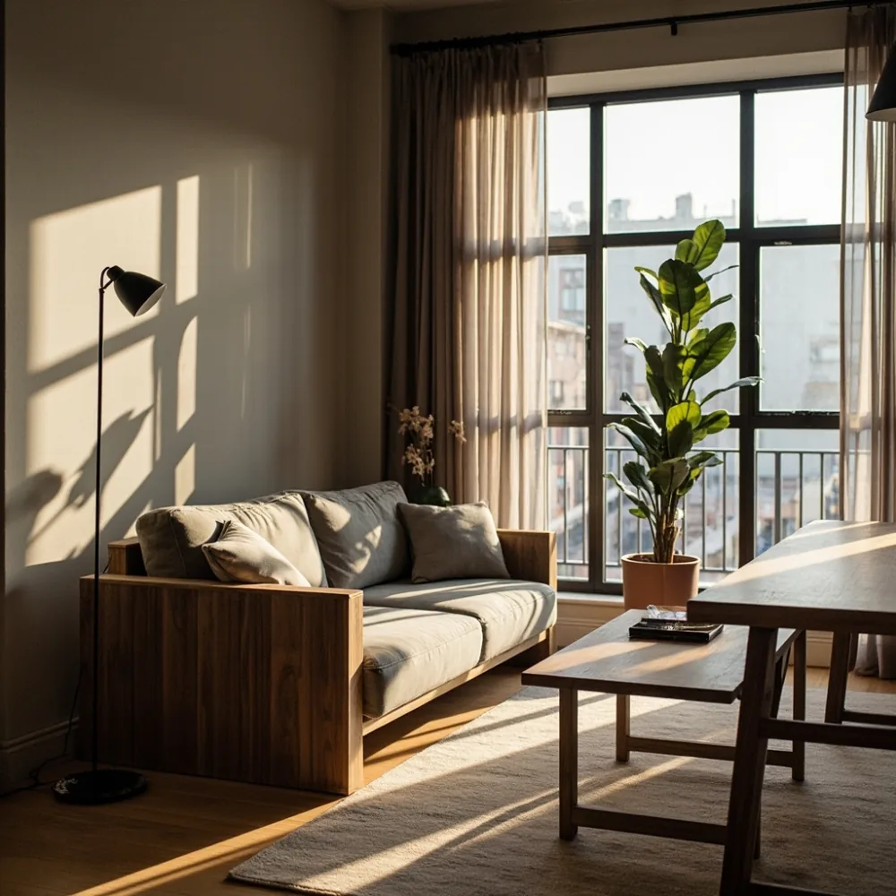 인천 오피스텔 loft 내부에 모듈 구조로 배열된 포스트모던 럭셔리 원목 소파와 180×90 cm 식탁