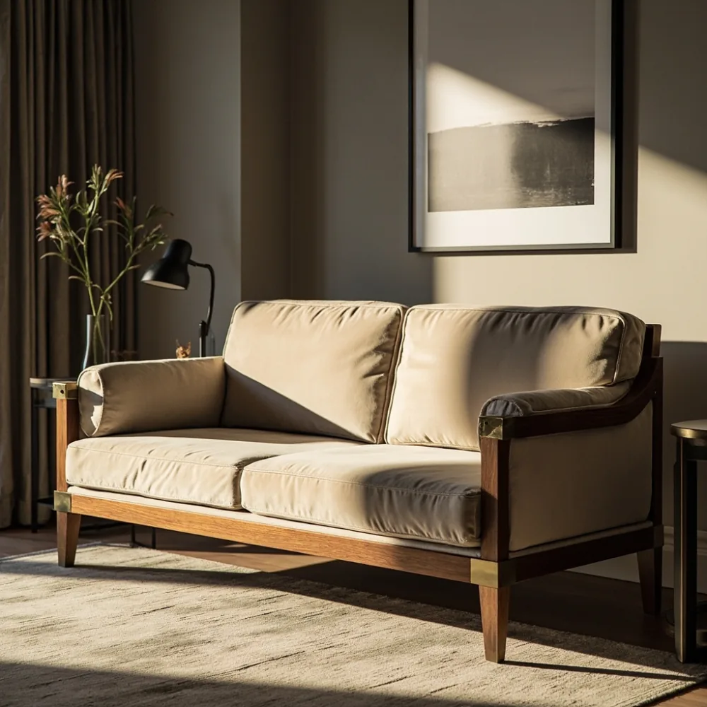 서울 아파트 거실에 배치된 프렌치 럭셔리 원목 소파 beige velvet cushions walnut frame