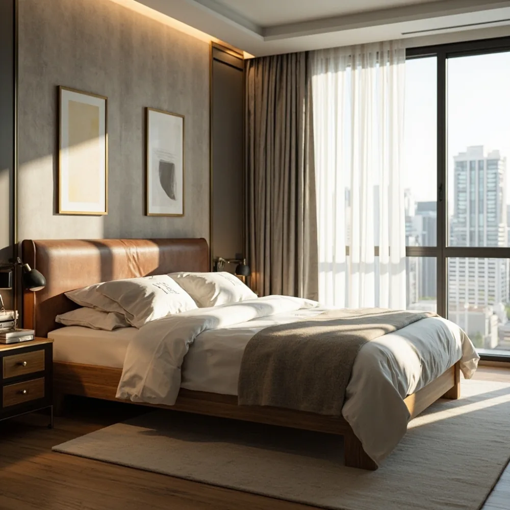 분당 아파트 침실에 놓인 아메리칸 럭셔리 원목 queen 침대 프레임 leather headboard oak frame