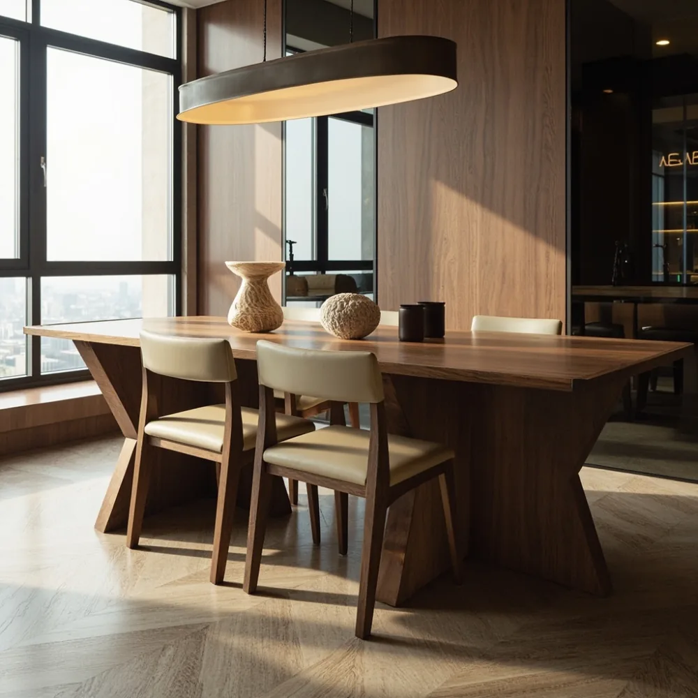 인천 오피스텔에 설치된 포스트모던 럭셔리 원목 6인용 식탁 angled walnut legs beige leather seats