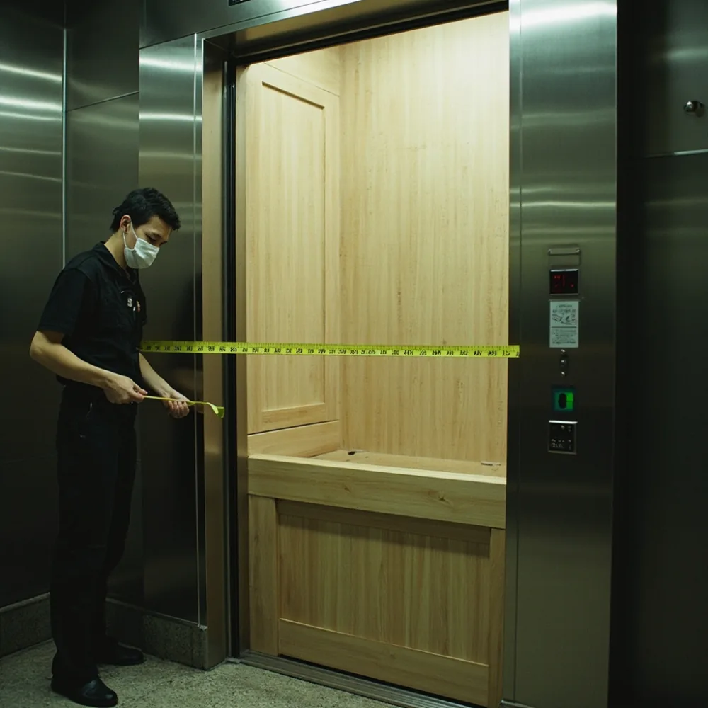 엘리베이터 내부에서 분해된 원목 소파를 측정하는 장면, 출입문 폭 80cm, 깊이 200cm 표시, 한국 아파트 건물, 자연광 촬영