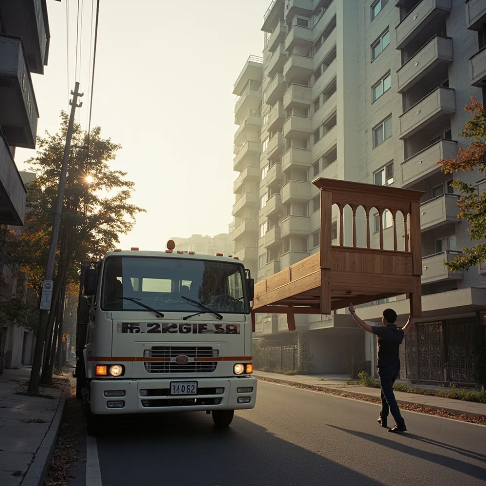 분당 고층 아파트로 사다리차로 원목 킹 침대 프레임을 배송하는 장면, 한국 주거지 거리, 가을빛, 자연광 촬영