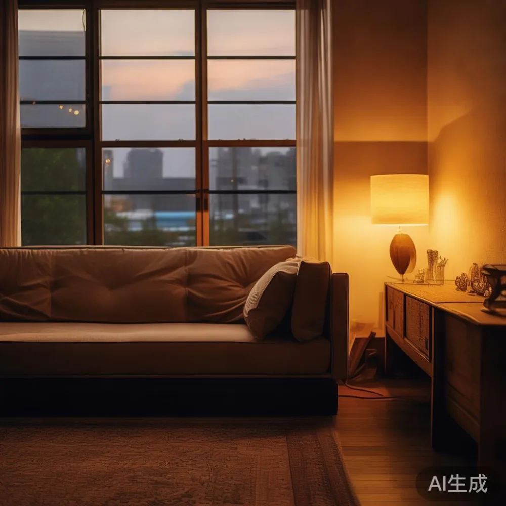 한국 여름철 습기와 온도 차, 래커 마감 원목 가구를 어떻게 지켜야 할까? — room setting at dusk with warm lamp light, film